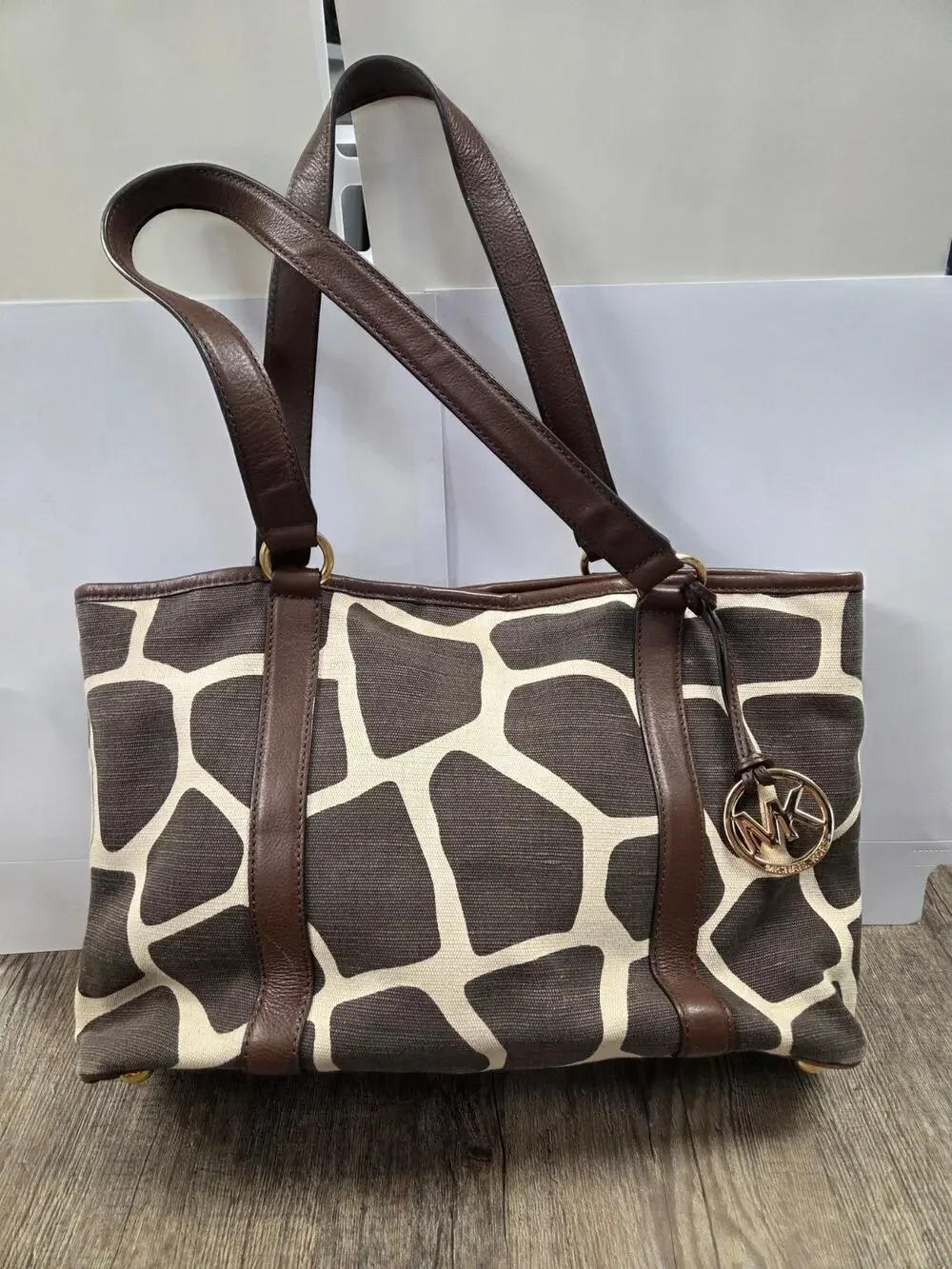 Michael Kors Tote Bag Brown Giraffe Print Canvas Shopper Shoulder Bag Purse